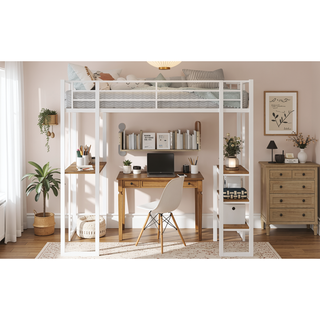 Sunvega Iron Frame Bunk Bed with L-Shaped Desk Stairs on Both Sides for Kids