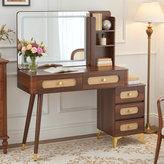 Sunvega Vintage Rattan Makeup Vanity with Mirror Lights and 5 Drawers