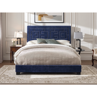 Sunvega Dark Blue Eastern King Panel Bed with Nailhead Trim and Padded Design