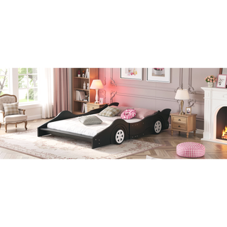 Sunvega Blue Twin Size Race Car-Shaped Platform Bed with Wheels for Kids