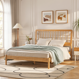 Sunvega Mid-Century Modern Solid Pine Wood Queen Spindle Bed with Slat-Back Design