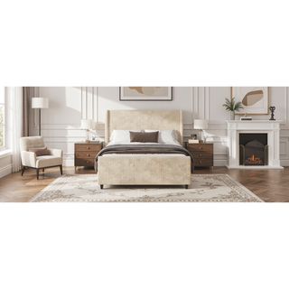 Sunvega Cream Queen Size Corduroy Upholstered Bed Frame with Winged Headboard