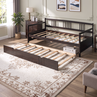 Sunvega Full Size Daybed with Twin Trundle Solid Wood Frame for Living Room