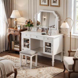 Sunvega Adjustable Mirror Makeup Vanity Desk with Drawers and Cabinet for Bedroom