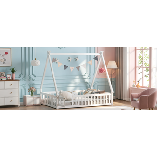 Sunvega Twin Tent Teepee Bed with Guardrails Slats and Door in Grey