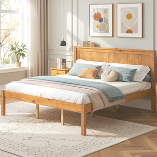 Sunvega Sturdy Wood Platform Bed Frame with Headboard for Queen Size Oak Finish