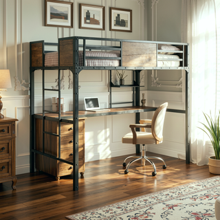 Sunvega Industrial Twin Over Workstation Bunk Bed With Wood Panels And Nailhead Trim