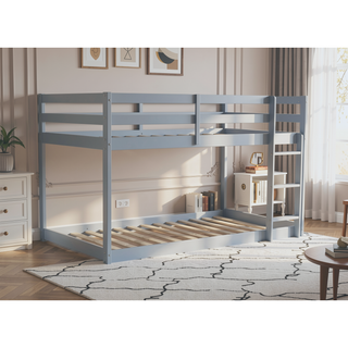 Sunvega Twin over Twin Solid Wooden Bunk Bed with Ladder and Strengthened Slats