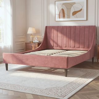 Sunvega Handmade Vertical Tufted Headboard Platform Bed Set in Light Beige Linen