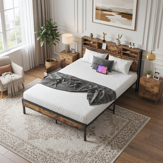 Sunvega Queen Bed Frame with Storage Headboard and 4 Drawers on Wheels