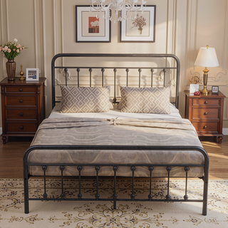 Sunvega Victorian Style Queen Size Metal Platform Bed Frame with Headboard and Under Bed Storage