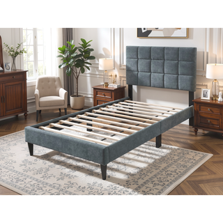 Sunvega Twin Bed with Adjustable Headboard and Soft Brushed Linen Fabric
