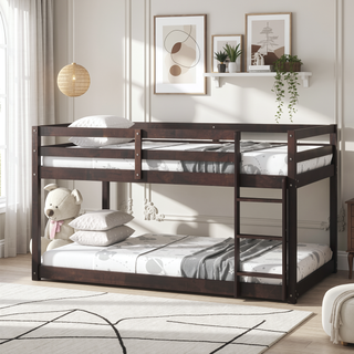 Sunvega Twin over Twin Floor Bunk Bed with Ladder and Strengthened Slats in Espresso