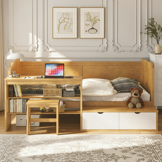 Sunvega Natural Wooden Twin Size Daybed with Storage Shelves and Study Desk