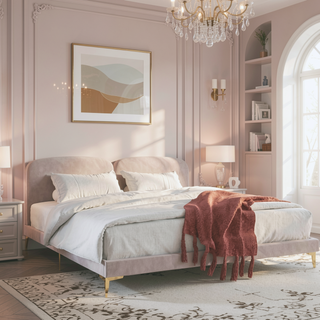 Sunvega King Size Velvet Upholstered Bed with Foam-Padded Headboard and Gold-Plated Legs