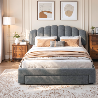 Sunvega Queen Size Upholstered Platform Bed with Storage Drawer and LED Lights