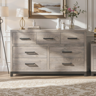 Sunvega Gray Finish 7-Drawer Dresser with Metal Bar Hardware for Bedroom