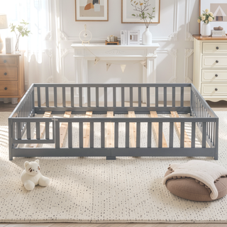 Sunvega Solid Wood Floor Bed with Safety Guardrails and Door for Children