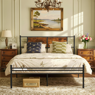 Sunvega Full Size Metal Bed Frame with Wood Panel Headboard in Black and Brown