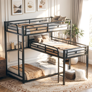Sunvega Sturdy Metal Triple Twin Size L-Shaped Bunk Bed with Ladder