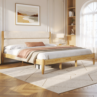 Sunvega King Size Solid Wood Bed Frame With Fleece Upholstered Headboard