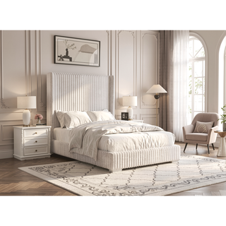Sunvega Contemporary White Fur Chenille Fabric Mattress Ready Queen Size Bed