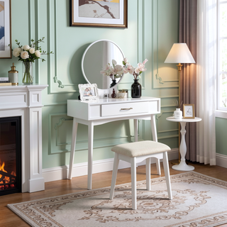 Sunvega Gold Modern Wood Vanity Set with Round Mirror and Matching Stool