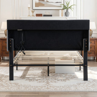 Sunvega Queen Size Upholstered Platform Bed Frame with USB Ports and Storage Headboard