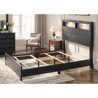 Sunvega Contemporary King Size Panel Bed Headboard with LED Sleek Sloping Design Black Finish