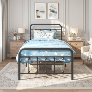 Sunvega Victorian Style Queen Size Metal Platform Bed Frame with Headboard and Under Bed Storage