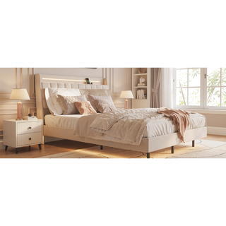 Sunvega King Floating Bed Frame with LED Light and Charging Station Upholstered Platform