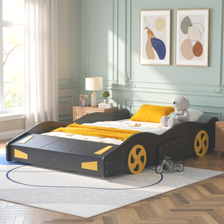 Sunvega Twin Size Race Car Bed with Wheels Storage and Sturdy Wood Construction
