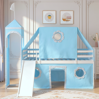 Sunvega Twin Size Loft Bed with Slide Blue Tent and Playhouse Tower for Kids