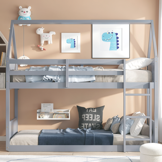 Sunvega Twin Over Twin House Floor Bunk Bed with Headboards Footboards Guardrails and Ladder