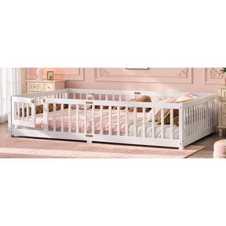 Sunvega Twin Size Floor Bed with Safety Guardrails and Door for Kids in Natural