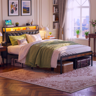 Sunvega Full Size Platform Bed Frame with 105-Degree Tilted Upholstered Headboard and RGB LED Lights