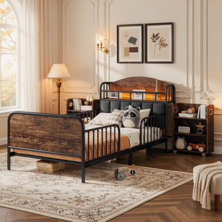 Sunvega Kids Full Metal Bed with Upholstered Headboard LED Lights and Storage