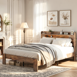 Sunvega Queen Wood Platform Bed Frame with Storage Headboard and 2 USB Ports