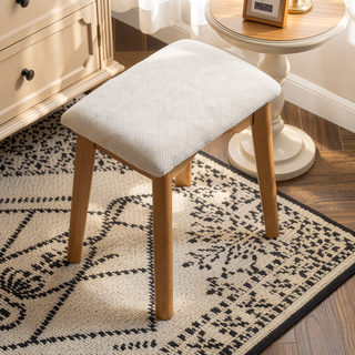 Sunvega Gold Modern Wood Vanity Set with Round Mirror and Matching Stool