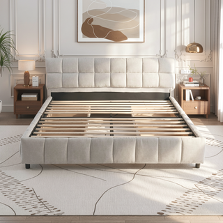 Sunvega Queen Size Upholstered Bed with Storage Drawers and Soft Chenille Headboard