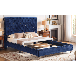 Sunvega Transitional Navy Blue Upholstered Full Bed with Tufted Details