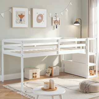 Sunvega Grey Pine Wood Loft Bed with Staircase and Storage Steps