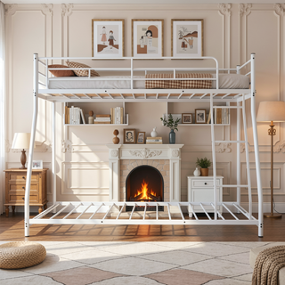 Sunvega Contemporary Style White Metal Twin Over Full Bunk Bed With Angled Ladder