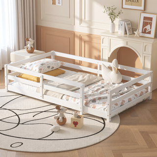 Sunvega Full Size Floor Bed with Fence for Kids Made of Sturdy Pine Wood