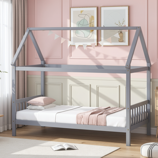 Sunvega Twin Rubber Wood House Bed with Headboard and Footboard in Light Grey