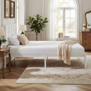 Sunvega White Faux Cane Panel Headboard King Platform Bed with Metal Frame