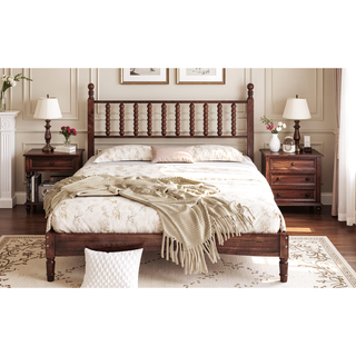 Sunvega Retro Style Queen Size Wood Platform Bed with Gourd Shaped Headboard and Slat Support