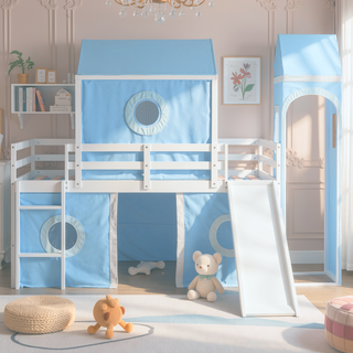 Sunvega Sturdy Pink Twin Size Loft Bed with Slide Tower and Playhouse Design