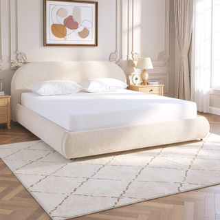 Sunvega Arch Shaped Puffy Upholstered Platform Bed in Oatmeal Light Beige Chenille