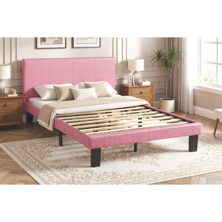Sunvega Pink Faux Leather Upholstered Twin Size Platform Bed with Wooden Slats
